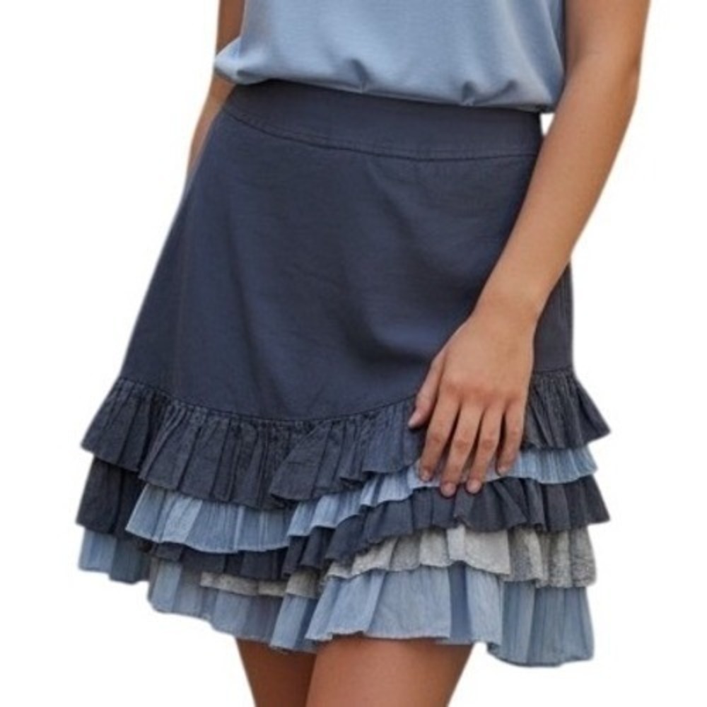 ANTHROPOLOGIE ODILLE Asymmetrical Ruffle‎ Tiered Skirt Blues A-Line Skirt Size 6